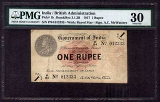 One Rupee Note of King George V of Signed by A.C.McWatters of 1917.