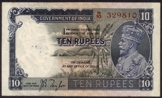 Ten Rupees Bank Note of King George V Signed by J.B.Taylor of 1933.