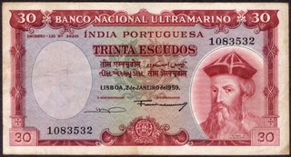 Indo Portuguese Thirty Escudos Note of Banco Nacional Ultramarino of 1959.