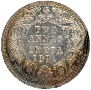 Silver Two Annas Coin of Victoria Empress of Bombay Mint of 1891.