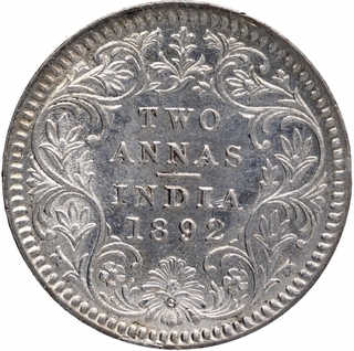 Silver Two Annas Coin of Victoria Empress of Calcutta Mint of 1892.