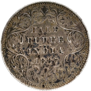 Silver Half Rupee Coin of Victoria Empress of Bombay Mint of 1887.