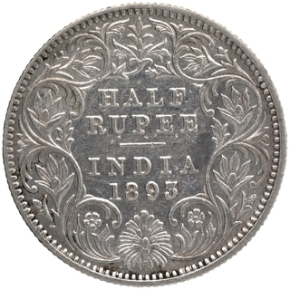 Silver Half Rupee Coin of Victoria Empress of Calcutta Mint of 1893.