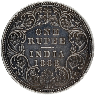 Silver One Rupee Coin of Victoria Empress of Bombay Mint of 1888.