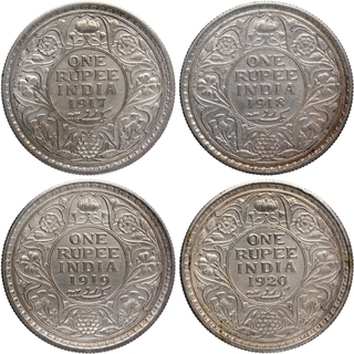 Silver One Rupee Coin of King George V of Calcutta and Bombay Mint of 1917, 1918, 1919 and 1920.