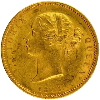 Gold One Mohur Coin of Victoria Queen of Calcutta Mint of 1841.