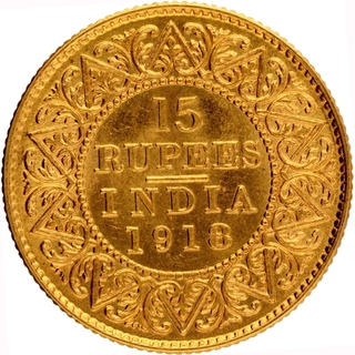 Gold Fifteen Rupees Coin of King George V of Bombay Mint of 1918.