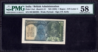 One Rupee Note of King George V Signed by J.W. Kelly of 1935.