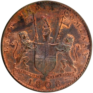 Rare Copper Ten Cash 1808 AD of Madras Presidency Inverted Die Axis Coin.