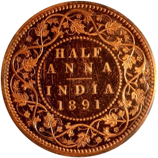 Copper Half Anna Proof Coin of Victoria Empress of Bombay Mint of 1891.