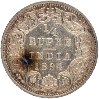 Silver Quarter Rupee Coin of Victoria Empress of Bombay Mint of 1894.