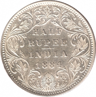 Silver Half Rupee Coin of Victoria Empress of Bombay Mint of 1884.