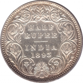 Silver Half Rupee Coin of Victoria Empress of Calcutta Mint of 1893.