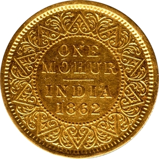 Gold One Mohur Coin of Victoria Queen of Calcutta Mint of 1862.