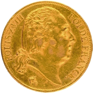 Gold Twenty Francs Coin of Louis XVIII of France of 1824.