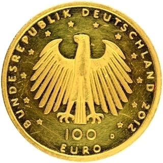 Gold Hundred Euros Coin of Germany of 2012.