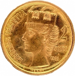 Gold Two Scudi Coin of San Marino of 1983.