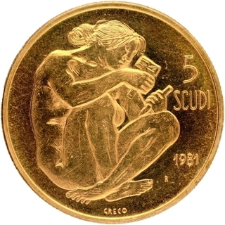 Gold Five Scudi Coin of San Marino of 1981.