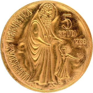 Gold Five Scudi Coin of San Marino of 1983.