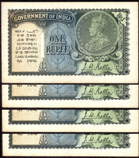 Consecutive One Rupee Notes of King George V Signed by J.W. Kelly of 1935.