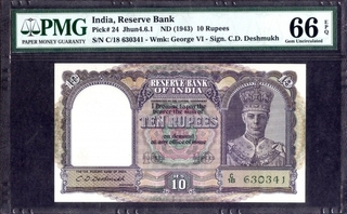 Ten Rupees Bank Note of King George VI Signed by C.D. Deshmukh of 1944.