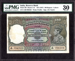 One Hundred Rupees Bank Note of King George VI Signed by J.B. Taylor of 1938 of Lahore Circle.