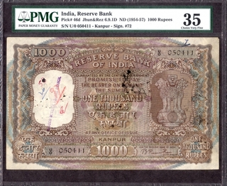 One Thousand Rupees Bank Note Signed by B. Rama Rao of Republic India of 1954.