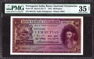 One Hundred Rupias Bank Note of Banco Nacional Ultramarino of Indo Portuguese of 1945.