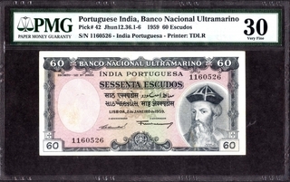 Sixty Escudos Bank Note of Banco Nacional Ultramarino of Indo Portuguese of 1959.