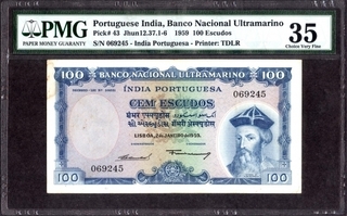 One Hundred Escudos Bank Note of Banco Nacional Ultramarino of Indo Portuguese of 1959.