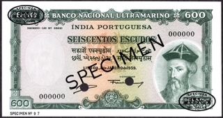 Specimen Six Hundred Escudos Bank Note of Banco Nacional Ultramarino of Indo Portuguese of 1959.