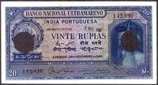 Cancelled Twenty Rupias Bank Note of Banco Nacional Ultramarino of Indo Portuguese of 1945.