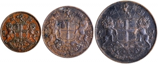 Set of Three Copper Pies Coins of Madras Presidency.