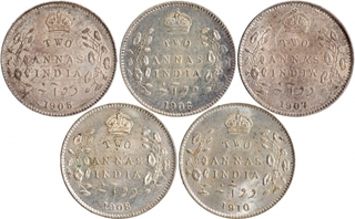 Silver Two Annas Coins of King Edward VII of Calcutta Mint of 1905, 1906, 1907, 1908 & 1910.