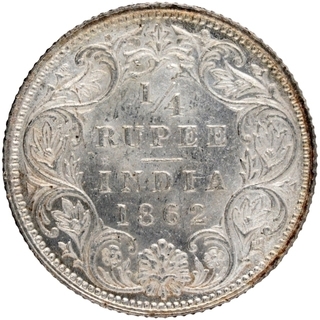 Silver Quarter Rupee Coin of Victoria Queen of Calcutta Mint of 1862.