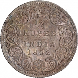 Silver Quarter Rupee Coin of Victoria Queen of Calcutta Mint of 1862.