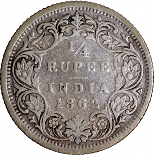 Silver Quarter Rupee Coin of Victoria Queen of Bombay Mint of 1862.