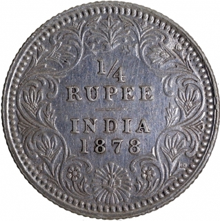 Silver Quarter Rupee Coin of Victoria Empress of Calcutta Mint of 1878.