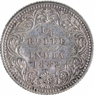 Silver Quarter Rupee Coin of Victoria Empress of Calcutta Mint of 1882.