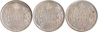 Silver Quarter Rupee Coins of King Edward VII of Calcutta Mint of 1906, 1907 & 1908.