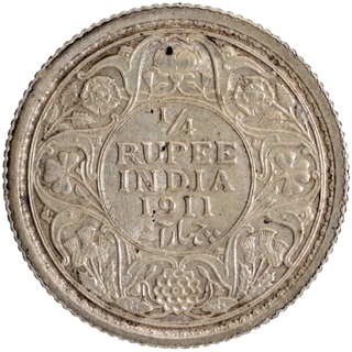 Silver Quarter Rupee Coin of King George V of Calcutta Mint of 1911.