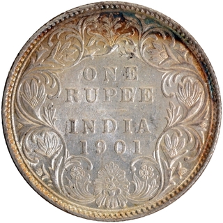 Silver One Rupee Coin of Victoria Empress of Bombay Mint of 1901.