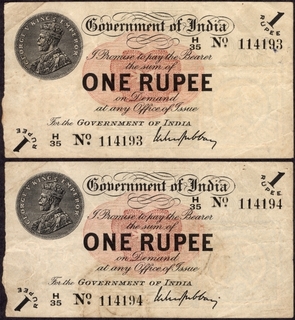 One Rupee Bank Notes  of King George V Signed by M M S Gubbay of 1917 of Universalised Circle.