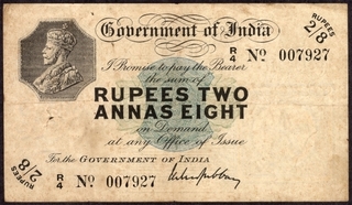 Two Rupees and Eight Annas Bank Note of King George V Signed by M.M.S. Gubbay of Rangoon Circle of 1918.