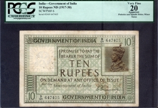 Ten Rupees Bank Note of King George V Signed by H. Denning of 1925.