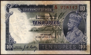 Ten Rupees Bank Note of King George V Signed by J.W.Kelly of 1935.