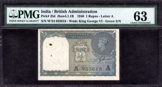 One Rupee Bank Note of King George VI Signed by C.E. Jones of 1944.