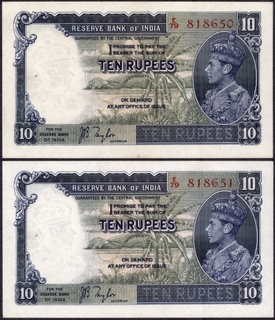 Consecutive Ten Rupees Bank Notes of King George VI Signed by J.B. Taylor of 1938.