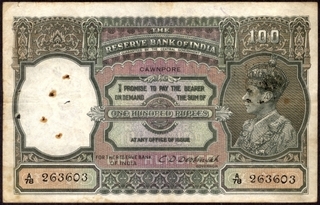 One Hundred Rupees Bank Note of King George VI Signed by C.D.Deshmukh of 1938 of Cawnpore Circle.