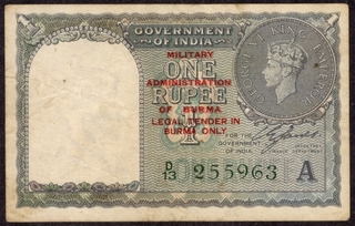 Burma One Rupees Bank Note of King George VI Signed by C E Jones of 1945.